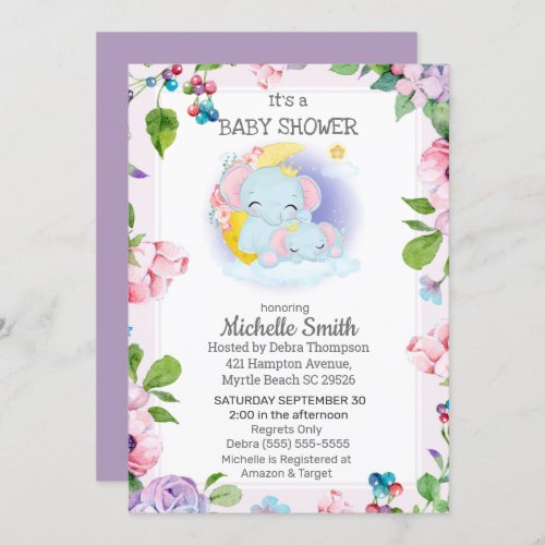 Pink Purple Elephant Floral  Mom Baby Shower   Invitation
