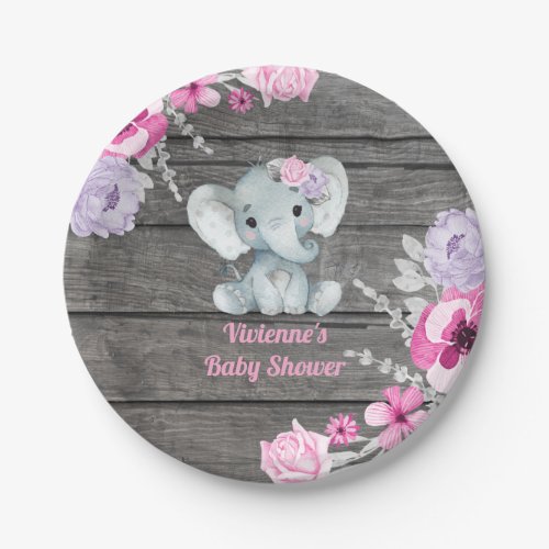 Pink Purple Elephant Plate 4 Baby Shower Birthday