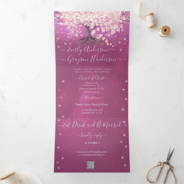 Pink & Purple Enchanted Heart Leaf Tree Wedding Tri-Fold Invitation (Inside)
