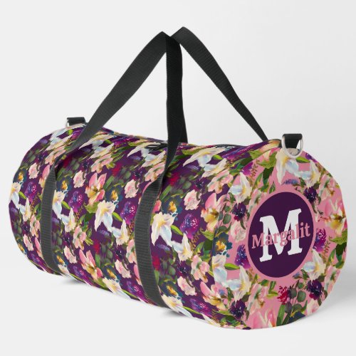 Pink Purple Exotic Flowers Floral Large Duffle Bag