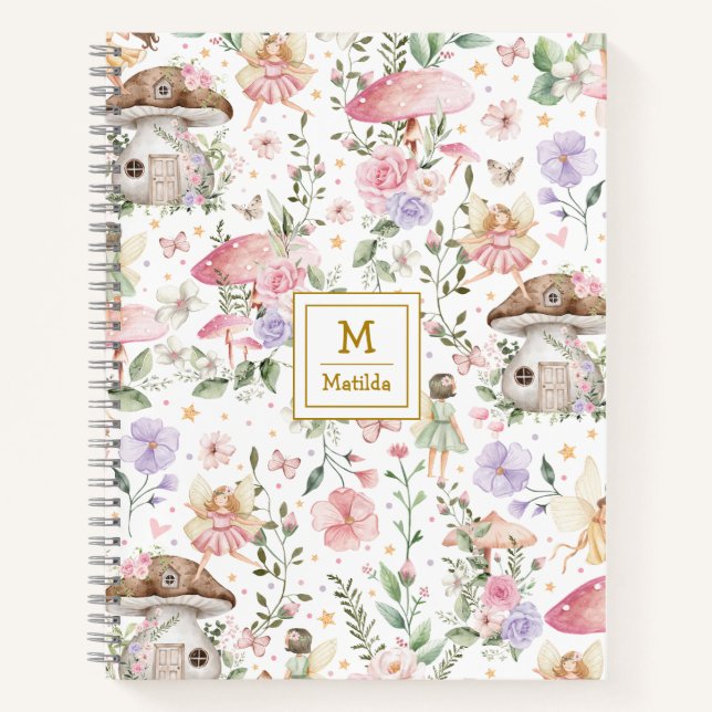 Pink Purple Fairy Floral Forest Garden Monogram Notebook (Front)