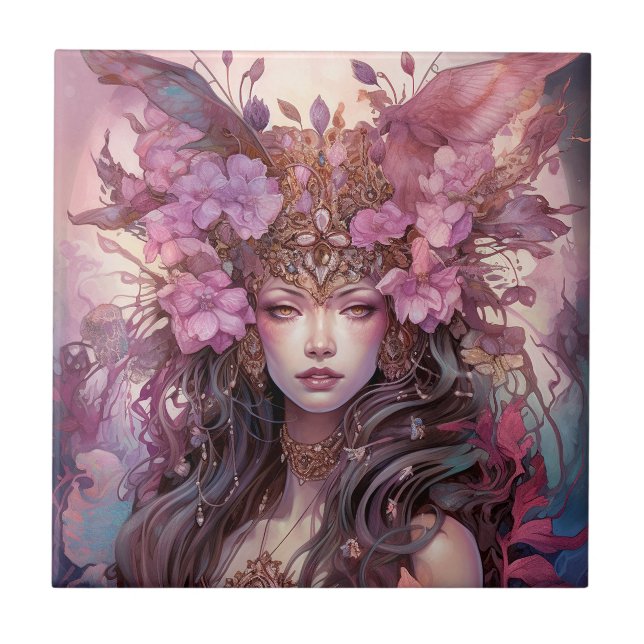 Pink Purple Fairy Queen Fantasy Art Ceramic Tile (Front)