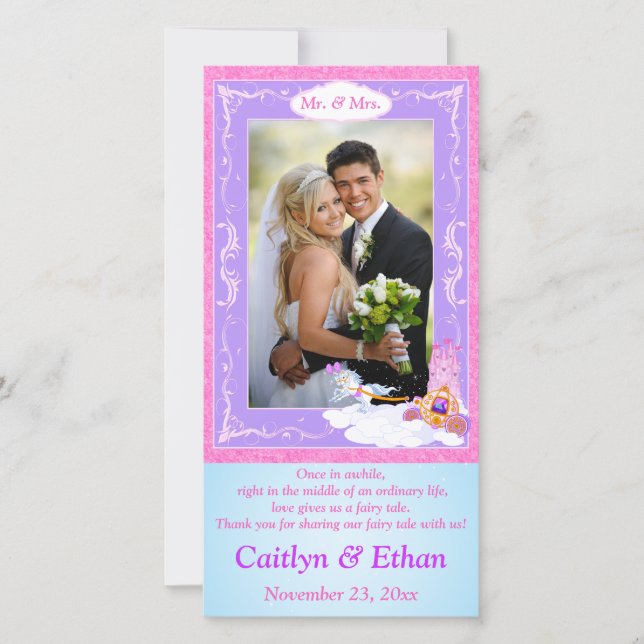 Pink, Purple Fantasy Fairy Tale Wedding Photo Card (Front)