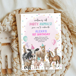 Pink Purple Farm Animals Balloons Birthday Invitation