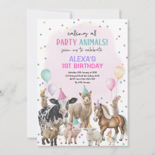 Pink Purple Farm Animals Balloons Birthday Invitation