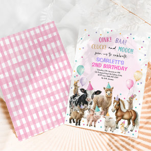 Pink Purple Farm Animals Barnyard Birthday Girl Invitation