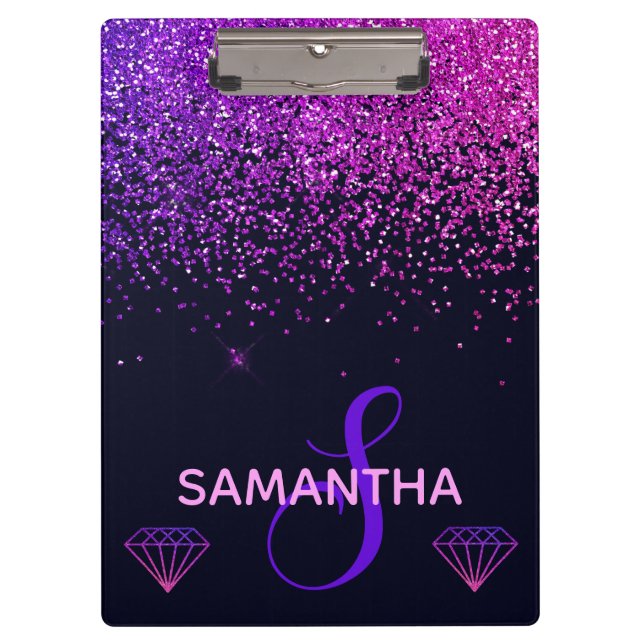 Pink & Purple faux Glitter & Diamonds Monogram Clipboard (Front)