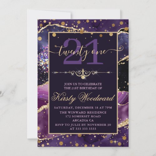 Pink  Purple Faux Gold Glitter Agate Birthday Invitation