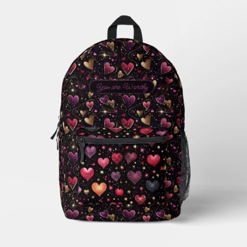 Pink purple faux golden hearts modern custom name  printed backpack