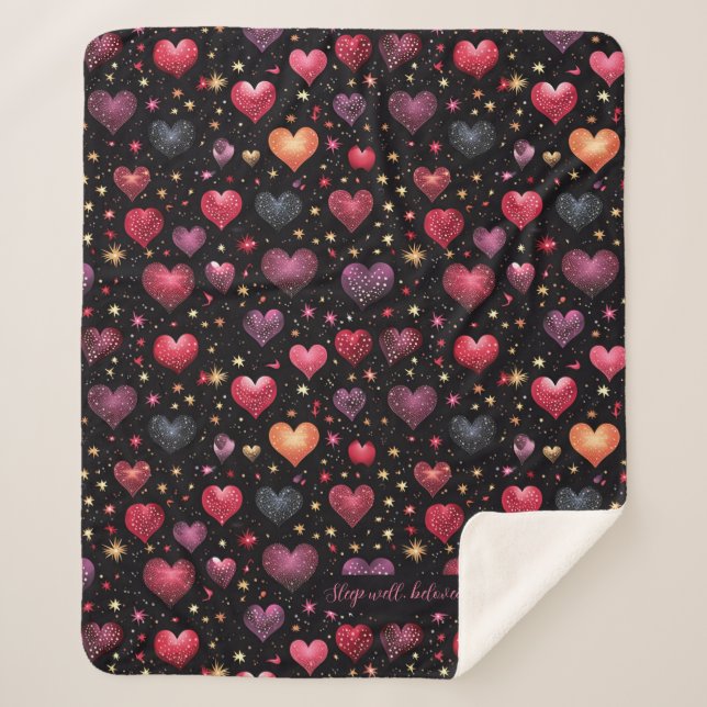 Pink purple faux golden hearts modern custom name  sherpa blanket (Front)
