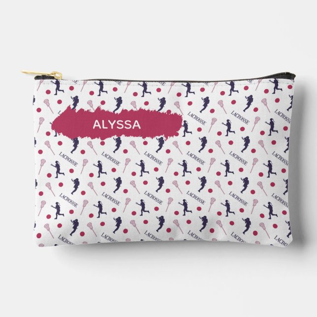 Pink & Purple Female Lacrosse Player Pattern Accessory Pouch (Front)