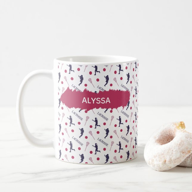 Pink & Purple Female Lacrosse Player Pattern Coffee Mug (With Donut)