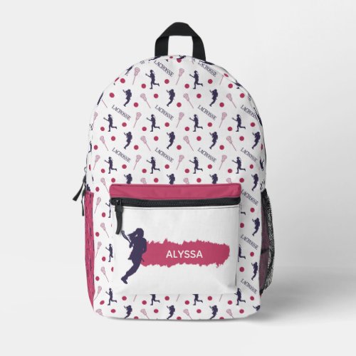 Pink  Purple Female Lacrosse Player Pattern Printed Backpack