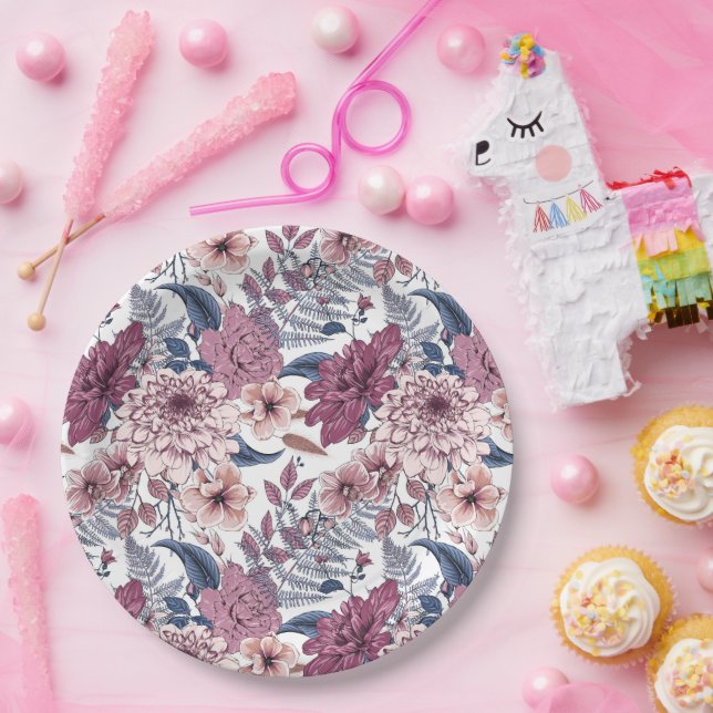 Pink purple ferns botanical florals slate blue  paper plates (Party)