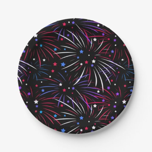 Pink Purple Fireworks Black Paper Plates