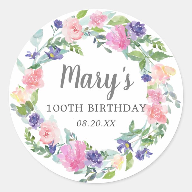 Pink Purple Floral 100th Birthday Envelope Seal (Front)
