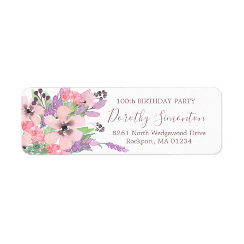 Pink Purple Floral 100th Birthday Return Address Label