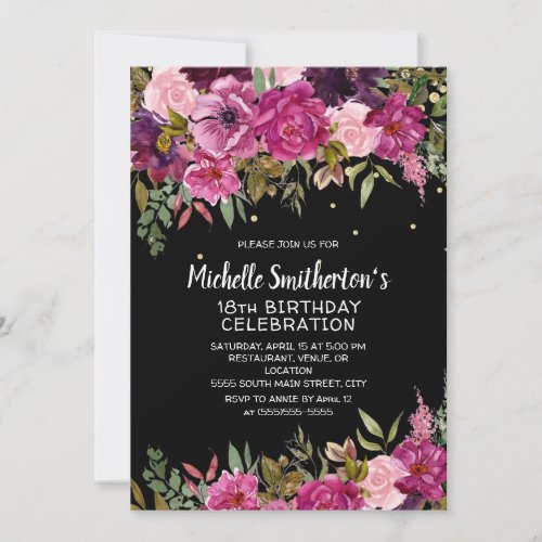 Pink Purple Floral 18th Black Birthday Invitation