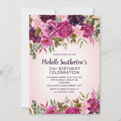 Pink Purple Floral 21st Birthday Invitation