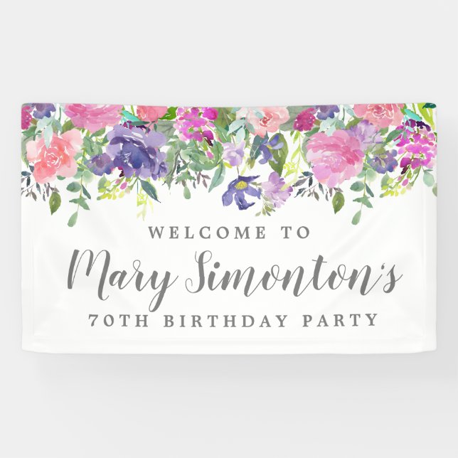 Pink Purple Floral 70th Birthday Party Welcome Banner (Horizontal)
