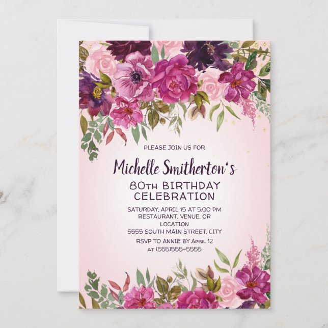 Pink Purple Floral 80th Birthday Invitation (Front)