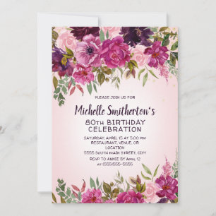 Pink Purple Floral 80th Birthday Invitation
