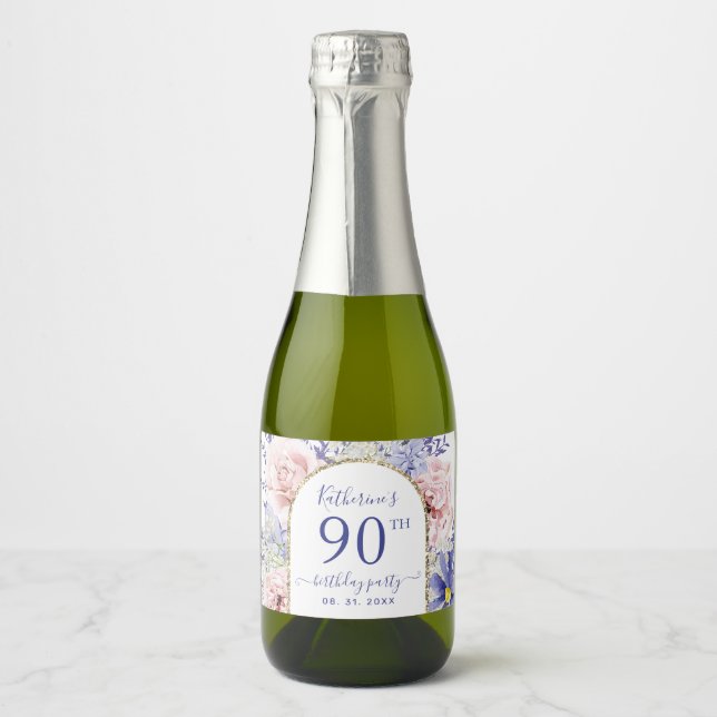 Pink Purple Floral 90th Birthday Party  Sparkling Wine Label (Front)
