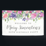 Pink Purple Floral 90th Birthday Party Welcome Banner<br><div class="desc">Lush floral border along the top of of this 90th birthday welcome banner features soft pink, purple and blue flowers nestled in a variety of green foliage. Dangles give it a modern Boho chic vibe. The birthday celebrant's name is written in a script font. All of the text can be...</div>
