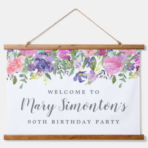 Pink Purple Floral 90th Birthday Welcome Banner Hanging Tapestry