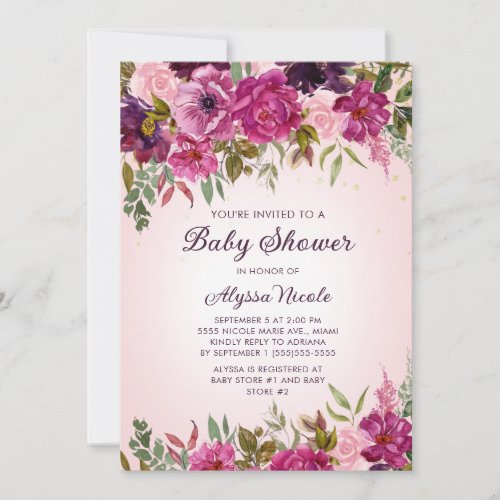 Pink Purple Floral Baby Girl Baby Shower Invitation