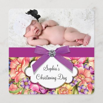 Pink Purple Floral Baby Girl Photo Christening Invitation by BabyCentral at Zazzle
