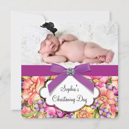Pink Purple Floral Baby Girl Photo Christening Invitation