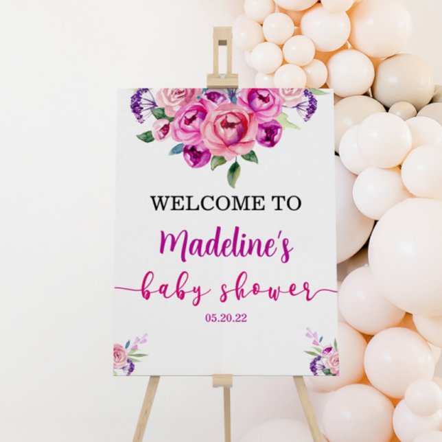 Pink Purple Floral Baby Shower Welcome Sign (Creator Uploaded)
