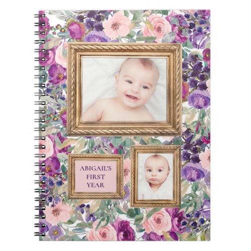 Pink Purple Floral Babys 1st Year 2 Photo Notebook