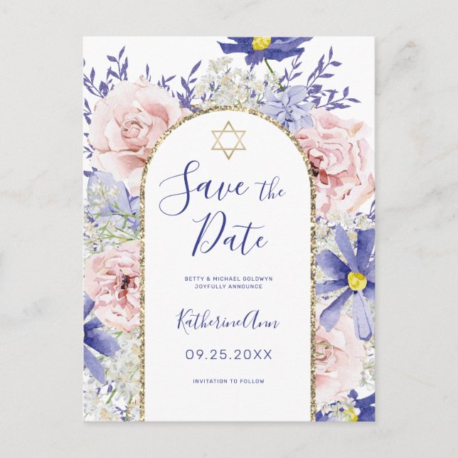 Pink Purple Floral Bat Mitzvah Save the Date Postcard (Front)
