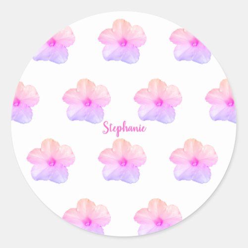 Pink Purple Floral Birthday Wedding Custom Name Classic Round Sticker