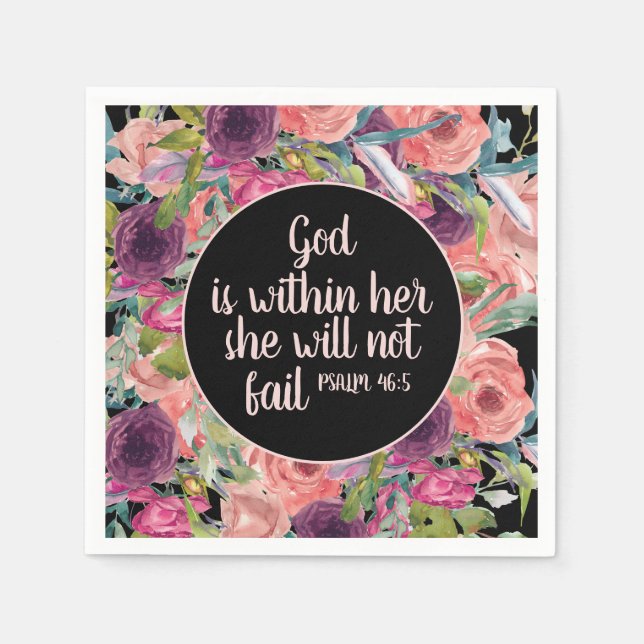 Pink Purple Floral Black Christian Bible Napkins (Front)