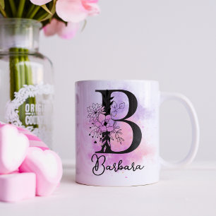 Pink Purple Floral Black Letter Monogram B Coffee Mug