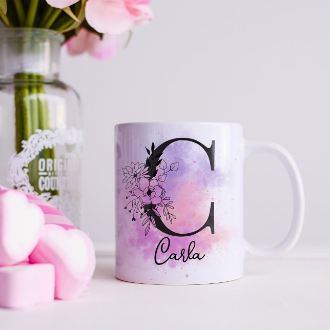 Pink Purple Floral Black Letter Monogram C Coffee Mug (Creator Uploaded)