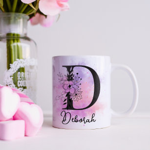 Pink Purple Floral Black Letter Monogram D Coffee Mug