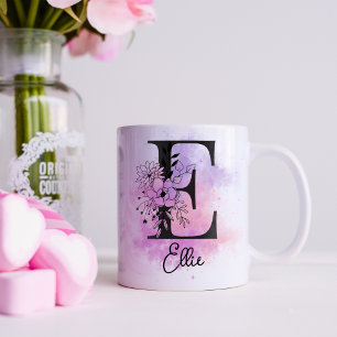 Pink Purple Floral Black Letter Monogram E Coffee Mug