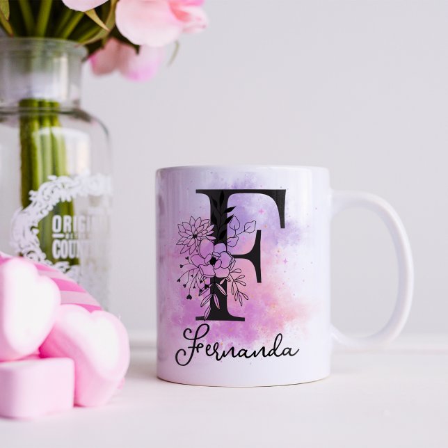 Pink Purple Floral Black Letter Monogram F Coffee Mug (Creator Uploaded)