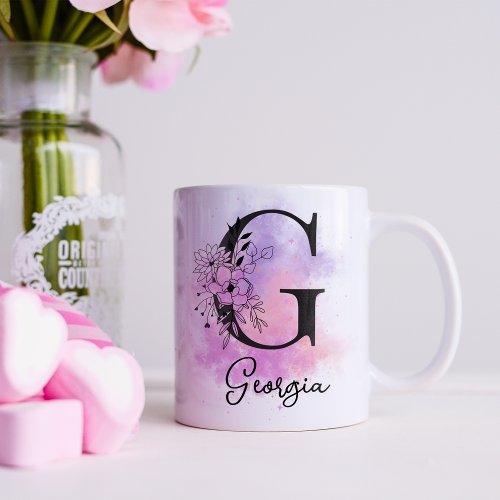 Pink Purple Floral Black Letter Monogram G Coffee Mug