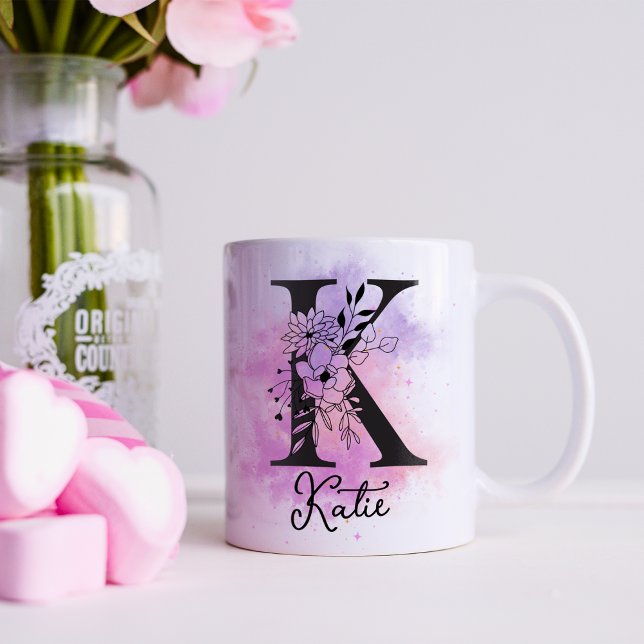 Pink Purple Floral Black Letter Monogram K Coffee Mug (Creator Uploaded)