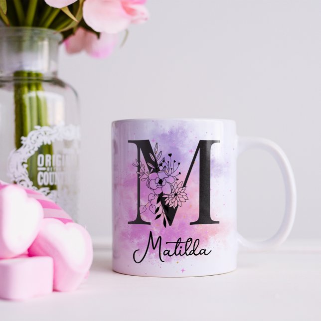 Pink Purple Floral Black Letter Monogram M Coffee Mug (Creator Uploaded)