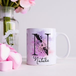 Pink Purple Floral Black Letter Monogram N Coffee Coffee Mug