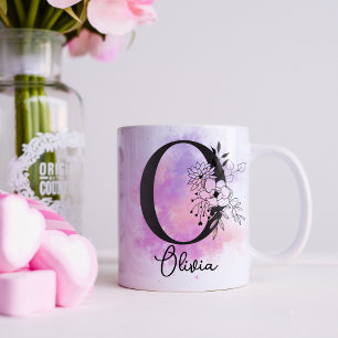Pink Purple Floral Black Letter Monogram O Coffee Mug