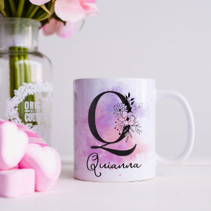 Pink Purple Floral Black Letter Monogram Q Coffee Mug
