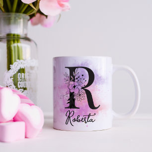 Pink Purple Floral Black Letter Monogram R Coffee Mug