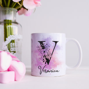 Pink Purple Floral Black Letter Monogram V Coffee Mug